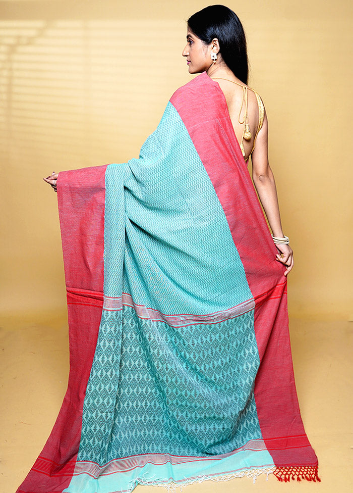 Blue Khadi Cotton Saree With Blouse Piece