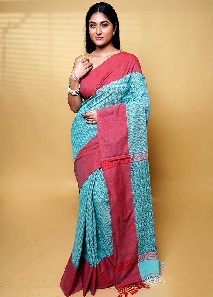 Blue Khadi Cotton Saree With Blouse Piece