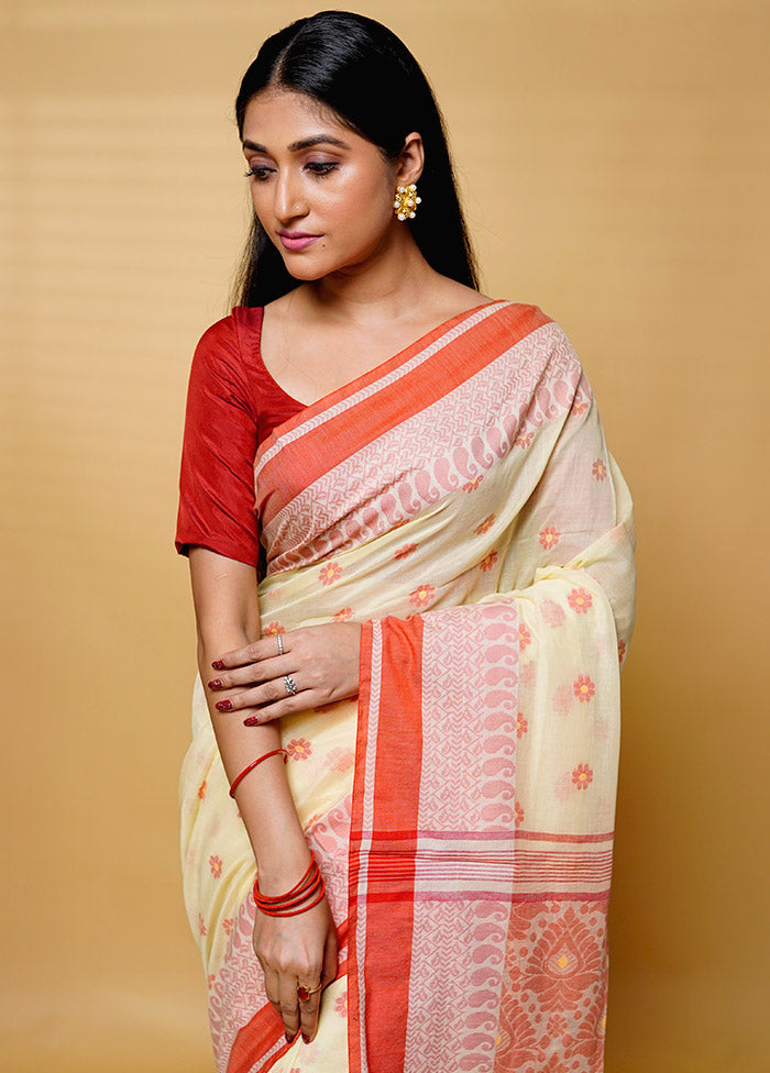 Cream Cotton Saree With Blouse Piece