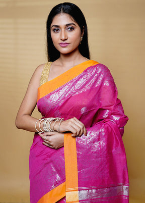 Pink Khadi Cotton Saree With Blouse Piece