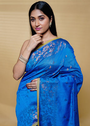 Blue Khadi Cotton Saree With Blouse Piece