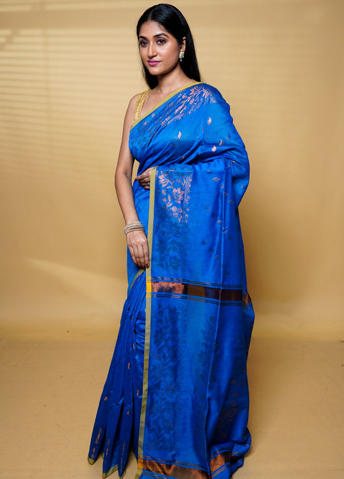 Blue Khadi Cotton Saree With Blouse Piece