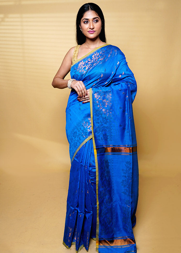 Blue Khadi Cotton Saree With Blouse Piece