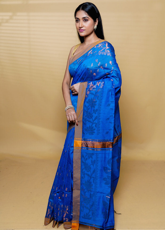 Blue Khadi Cotton Saree With Blouse Piece