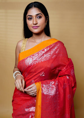 Red Cotton Saree With Blouse Piece