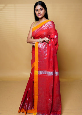 Red Khadi Cotton Saree With Blouse Piece