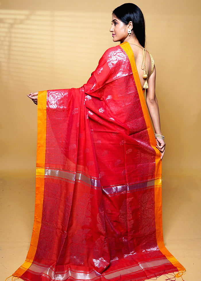 Red Khadi Cotton Saree With Blouse Piece