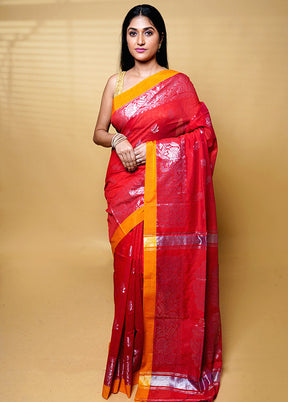 Red Khadi Cotton Saree With Blouse Piece