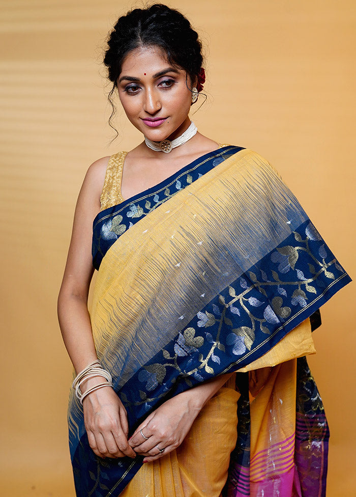 Blue Khadi Cotton Saree With Blouse Piece