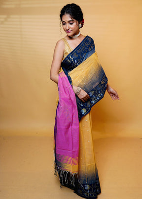 Blue Khadi Cotton Saree With Blouse Piece