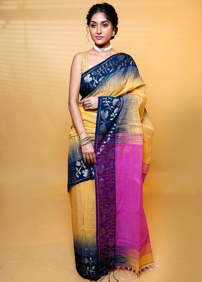 Blue Khadi Cotton Saree With Blouse Piece