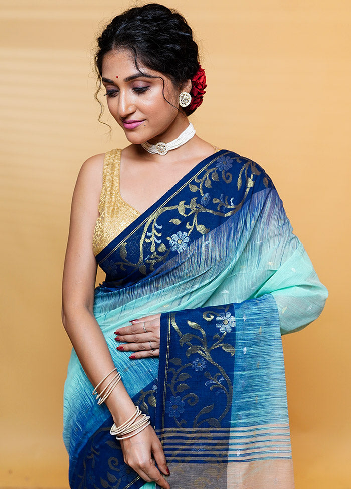 Blue Khadi Cotton Saree With Blouse Piece