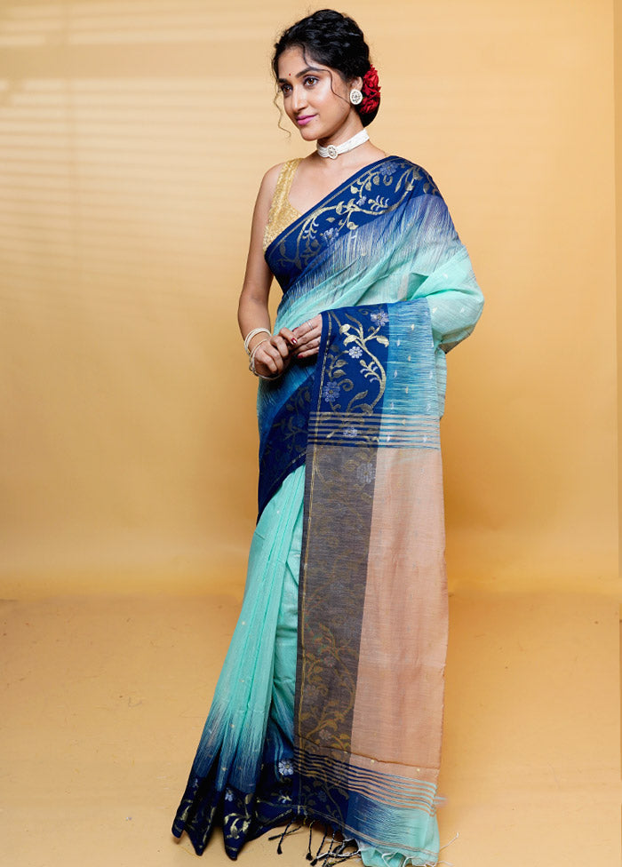 Blue Cotton Saree With Blouse Piece