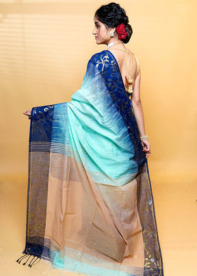 Blue Khadi Cotton Saree With Blouse Piece