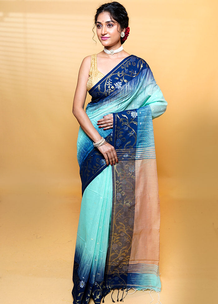 Blue Khadi Cotton Saree With Blouse Piece