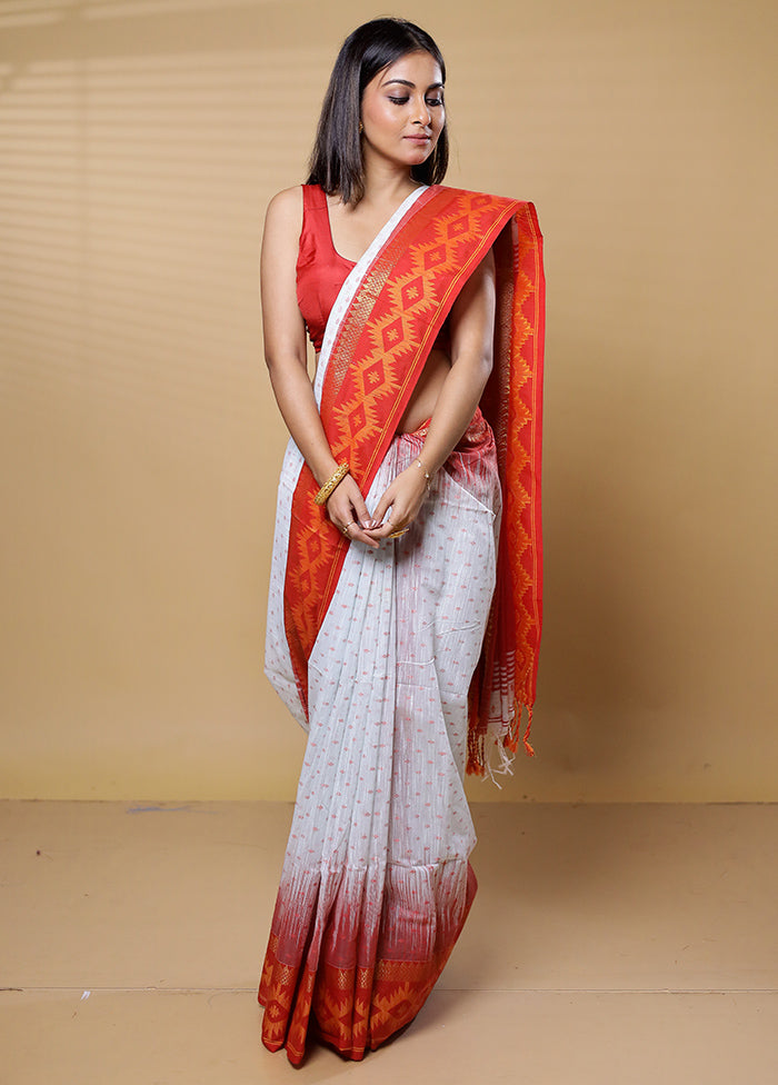 White Khadi Cotton Saree With Blouse Piece