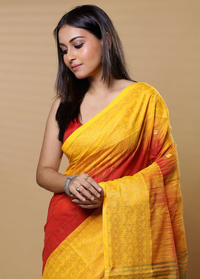 Orange Khadi Cotton Saree With Blouse Piece