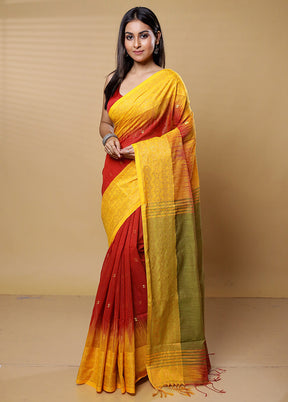 Orange Khadi Cotton Saree With Blouse Piece