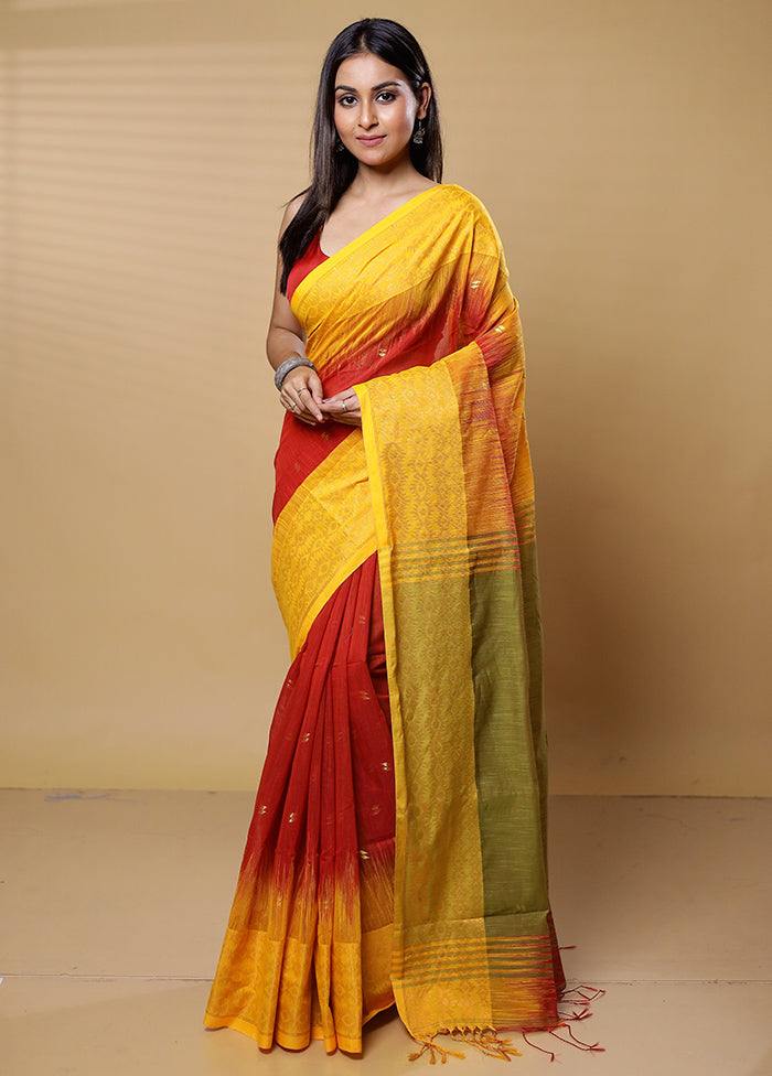 Orange Khadi Cotton Saree With Blouse Piece