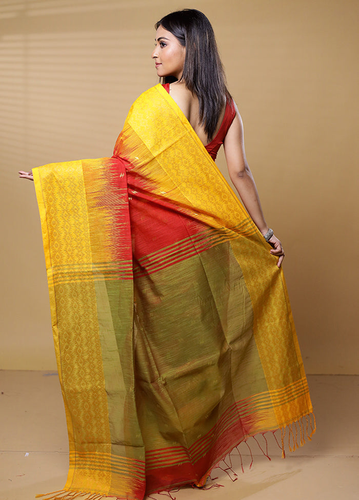 Orange Khadi Cotton Saree With Blouse Piece