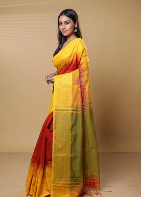 Orange Khadi Cotton Saree With Blouse Piece