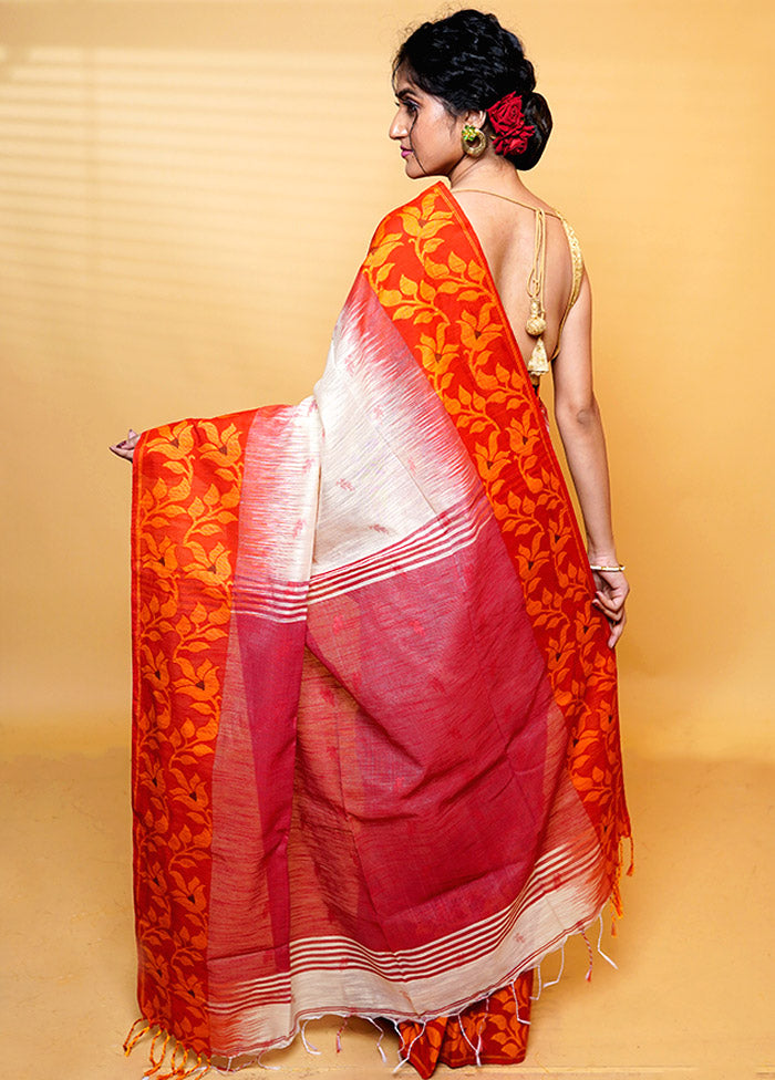 Red Khadi Cotton Saree With Blouse Piece