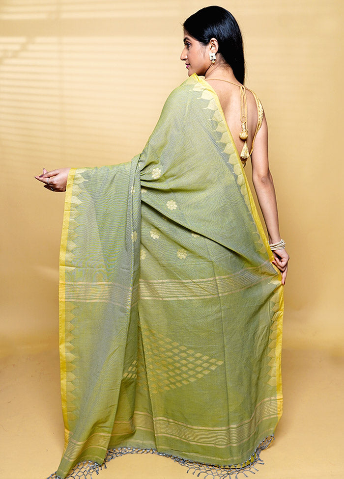 Green Khadi Cotton Saree With Blouse Piece