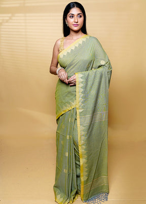 Green Khadi Cotton Saree With Blouse Piece