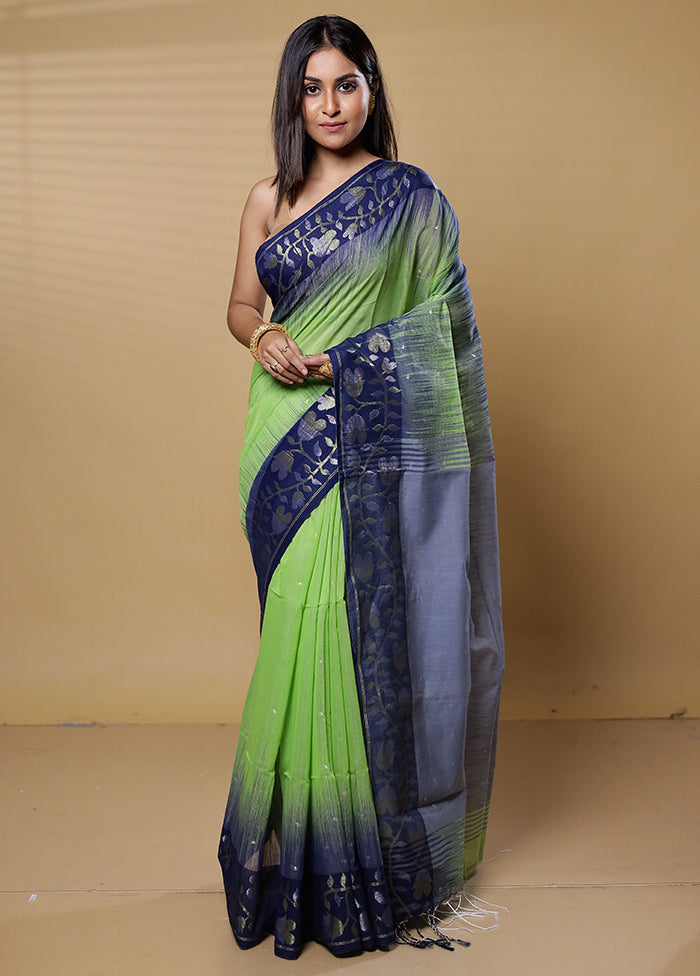 Green Khadi Cotton Saree With Blouse Piece