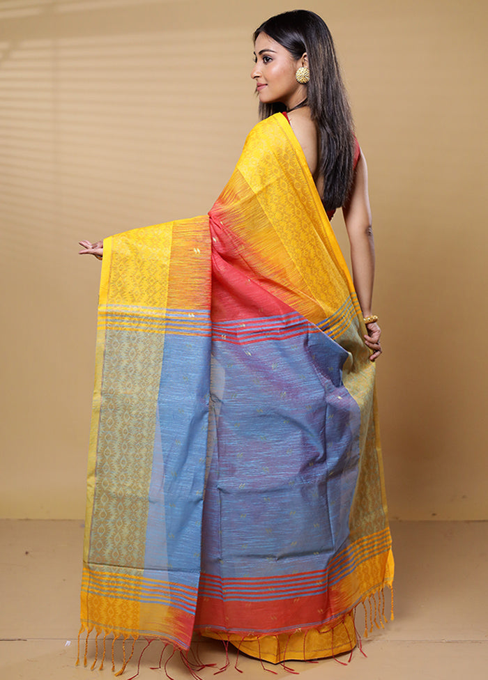 Blue Khadi Cotton Saree With Blouse Piece