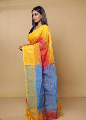 Blue Khadi Cotton Saree With Blouse Piece