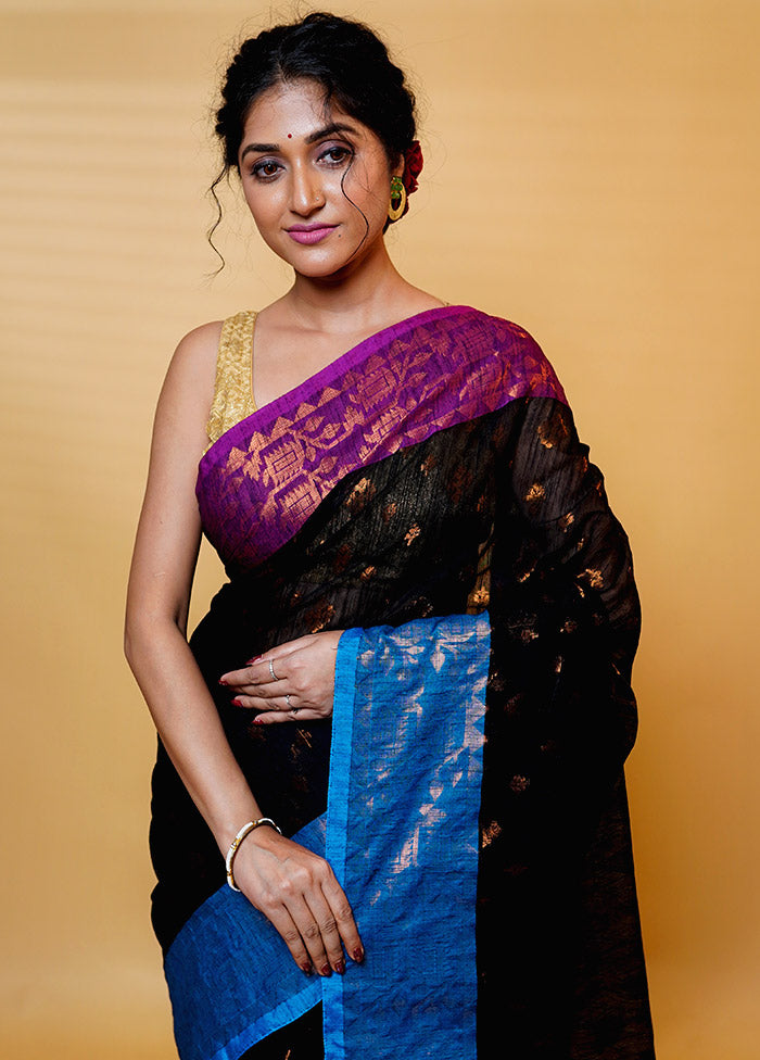 Black Khadi Cotton Saree With Blouse Piece