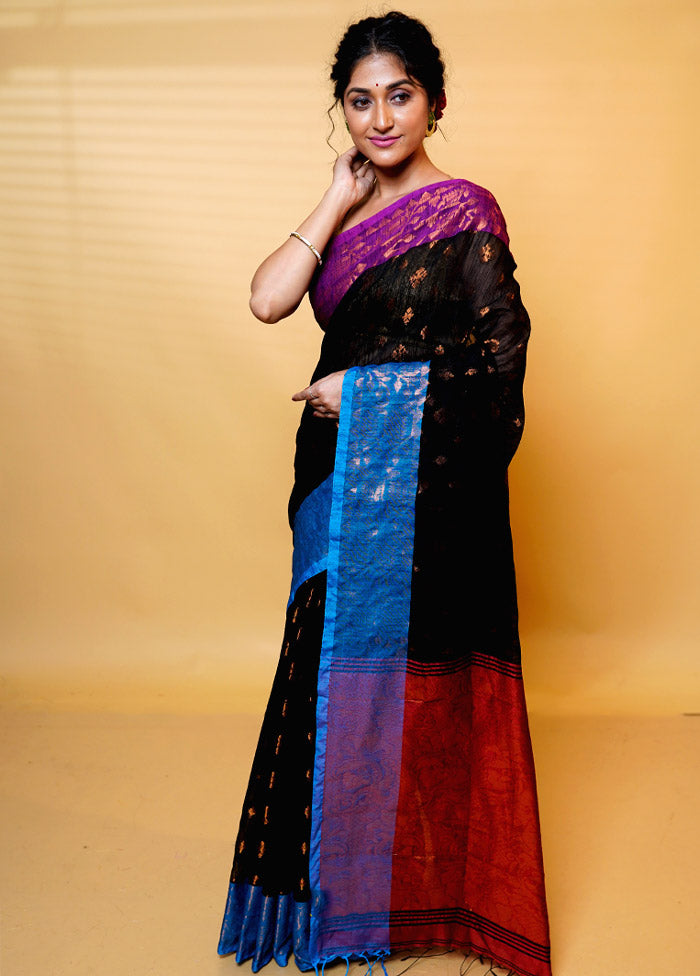 Black Khadi Cotton Saree With Blouse Piece