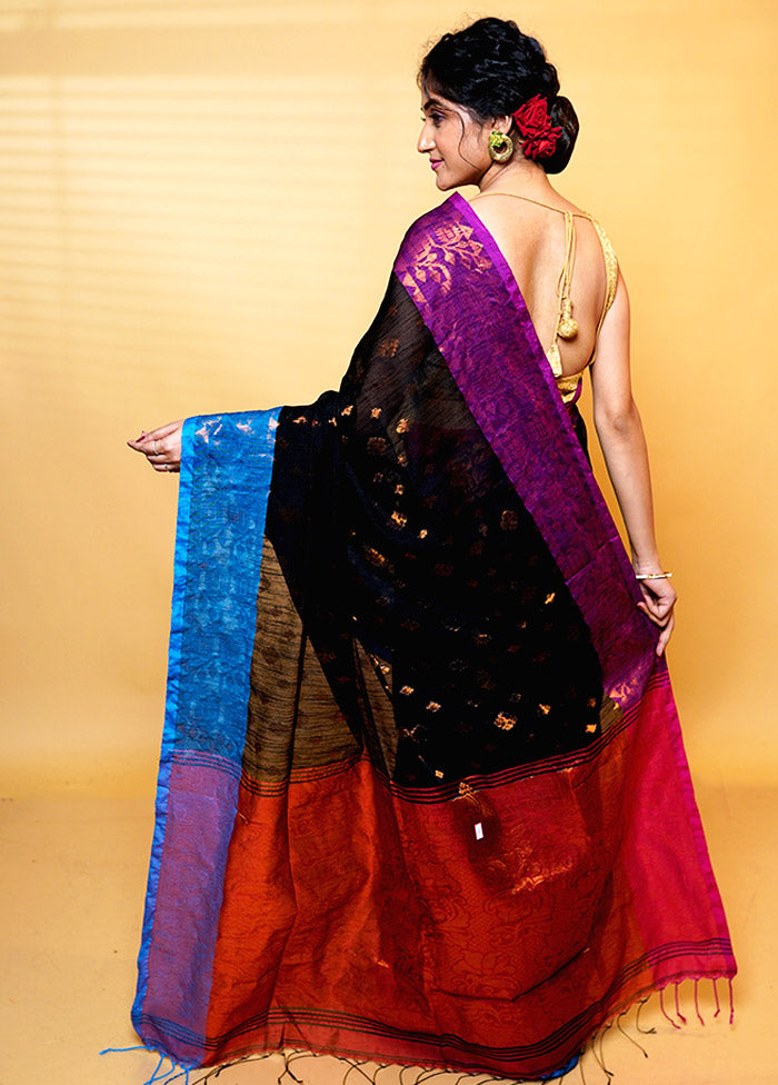 Black Khadi Cotton Saree With Blouse Piece