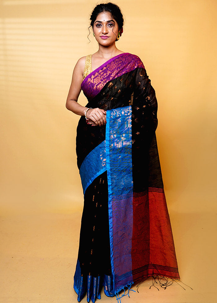 Black Khadi Cotton Saree With Blouse Piece