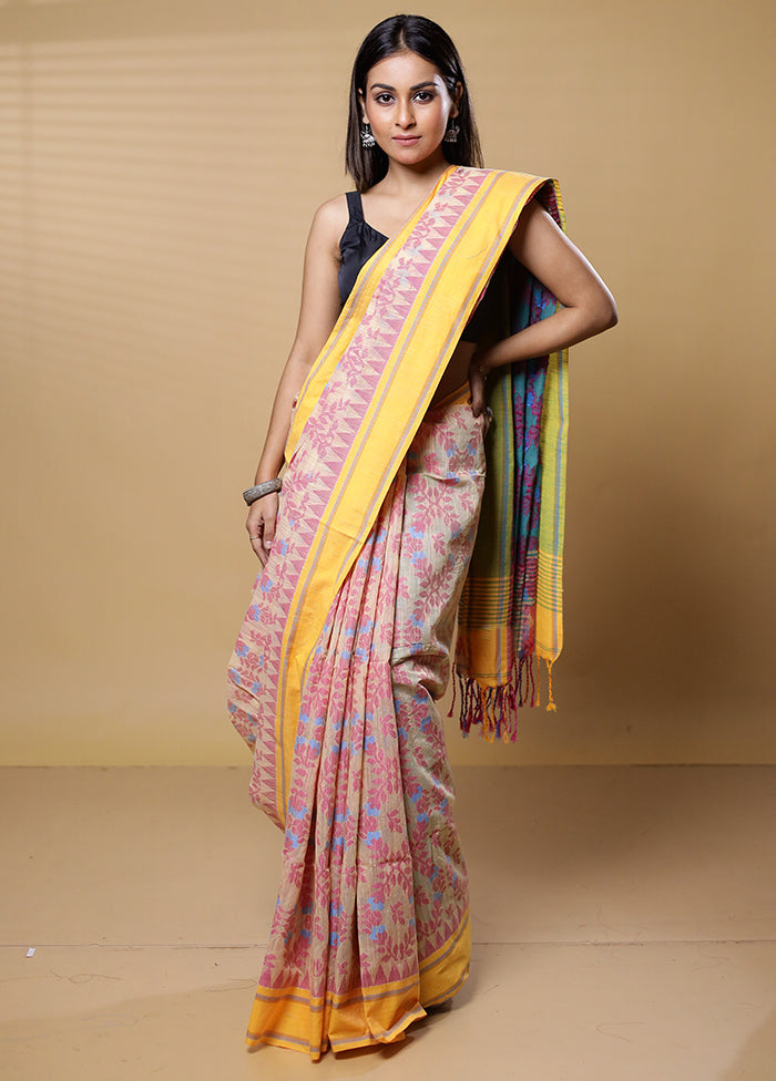 Cream Khadi Cotton Saree With Blouse Piece