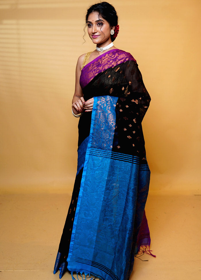 Blue Khadi Cotton Saree With Blouse Piece