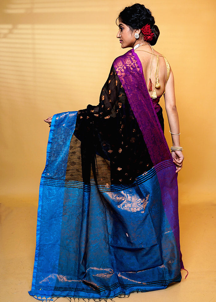 Blue Khadi Cotton Saree With Blouse Piece