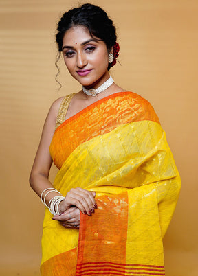 Yellow Khadi Cotton Saree With Blouse Piece