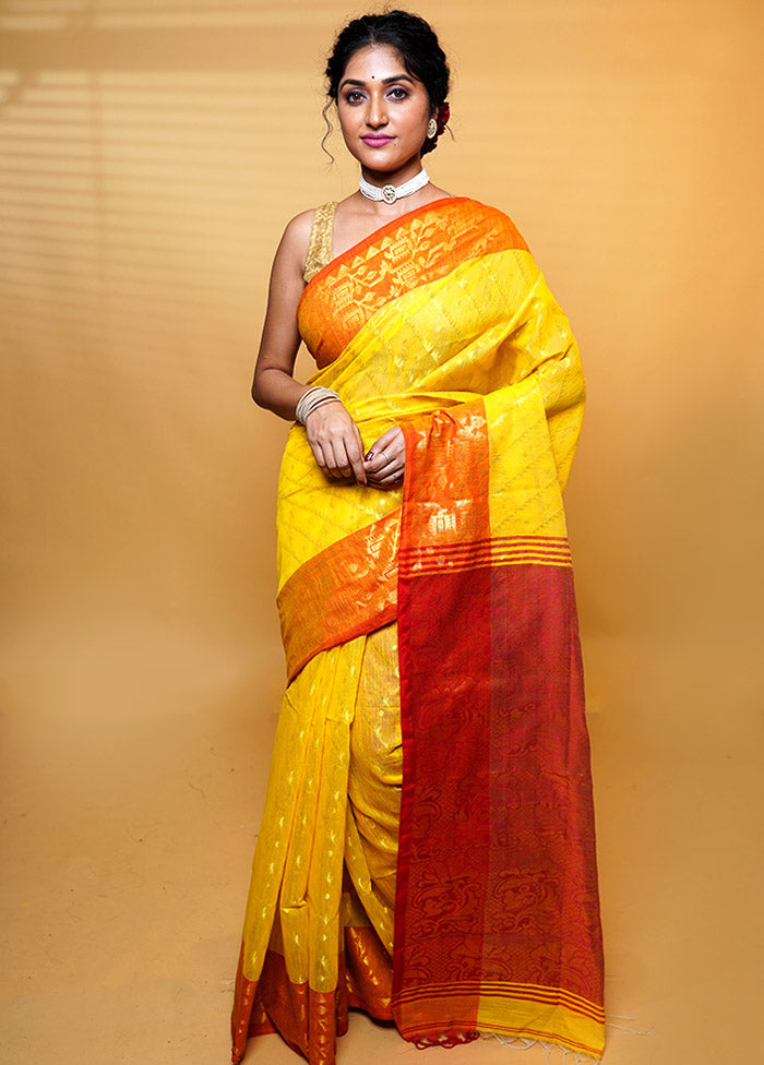 Yellow Khadi Cotton Saree With Blouse Piece