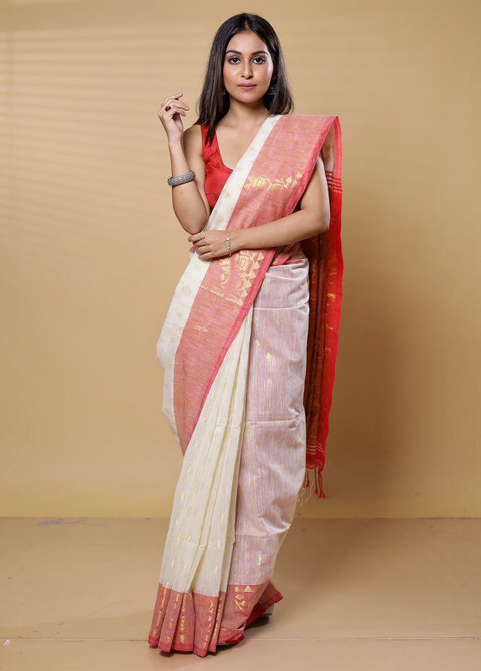 Cream Khadi Cotton Saree With Blouse Piece