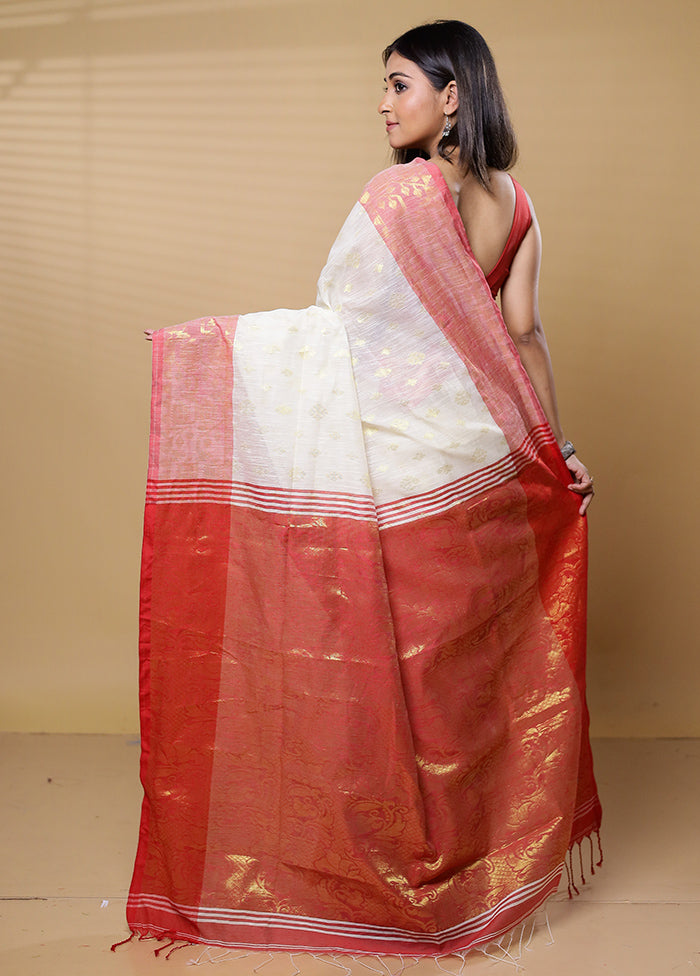 Cream Khadi Cotton Saree With Blouse Piece