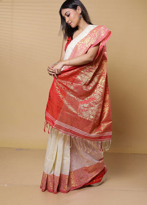 Cream Khadi Cotton Saree With Blouse Piece