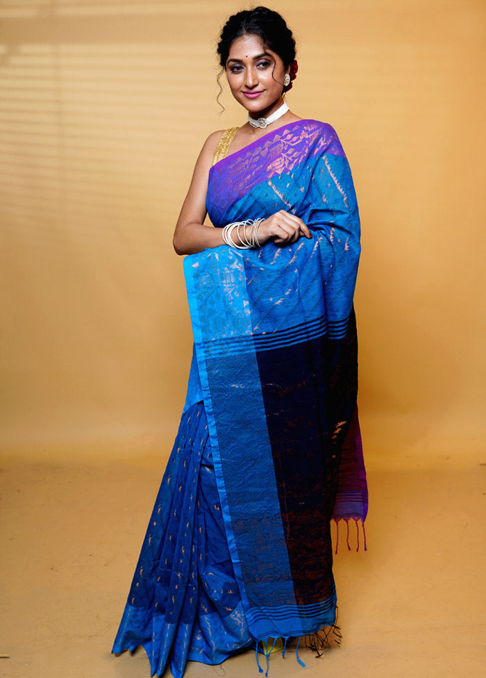 Blue Khadi Cotton Saree With Blouse Piece