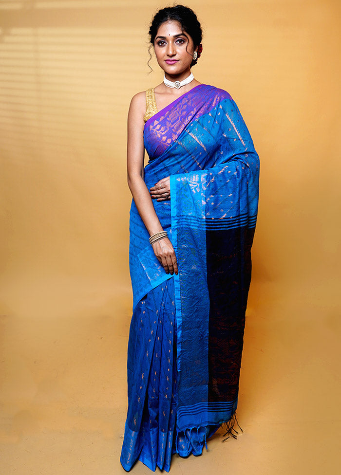 Blue Khadi Cotton Saree With Blouse Piece