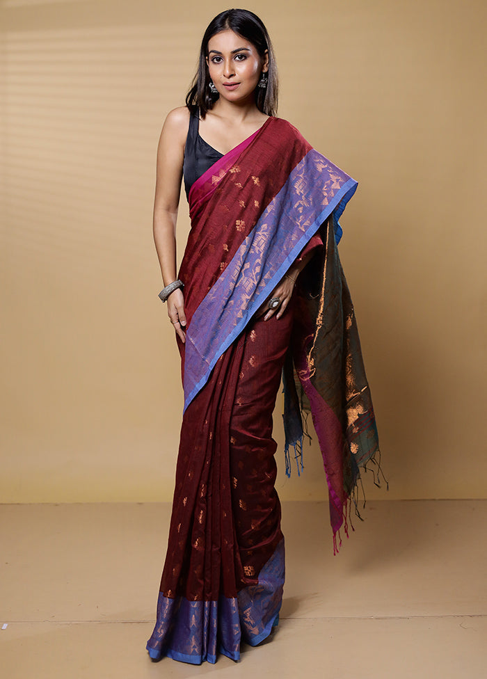 Maroon Khadi Cotton Saree With Blouse Piece