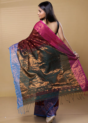 Maroon Khadi Cotton Saree With Blouse Piece