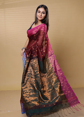 Maroon Khadi Cotton Saree With Blouse Piece