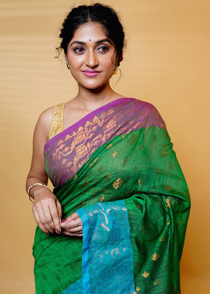 Green Khadi Cotton Saree With Blouse Piece