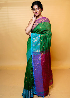 Green Cotton Saree With Blouse Piece